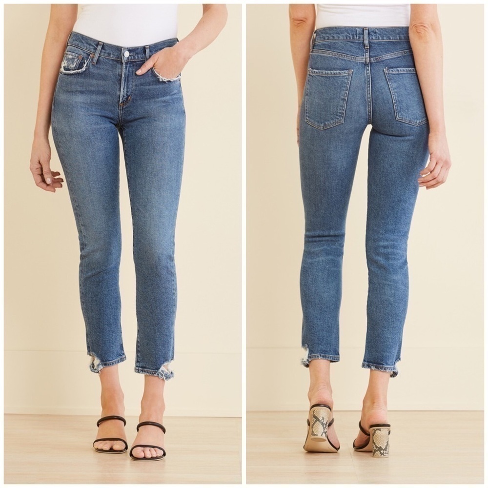 Agolde Toni Straight Ankle Jeans Torn Hem Distressed Blue Stratosphere Sz 28